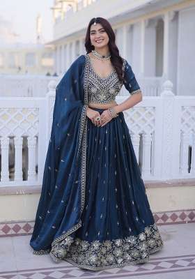 Navy Blue Silk Lehenga Set with Embroidery for Diwali | Wedding & Festive Wear