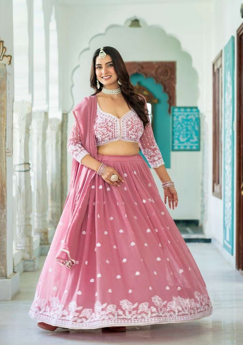 Pink Embroidery Silk Lehenga Set for Diwali and Festive Wear - Indya
