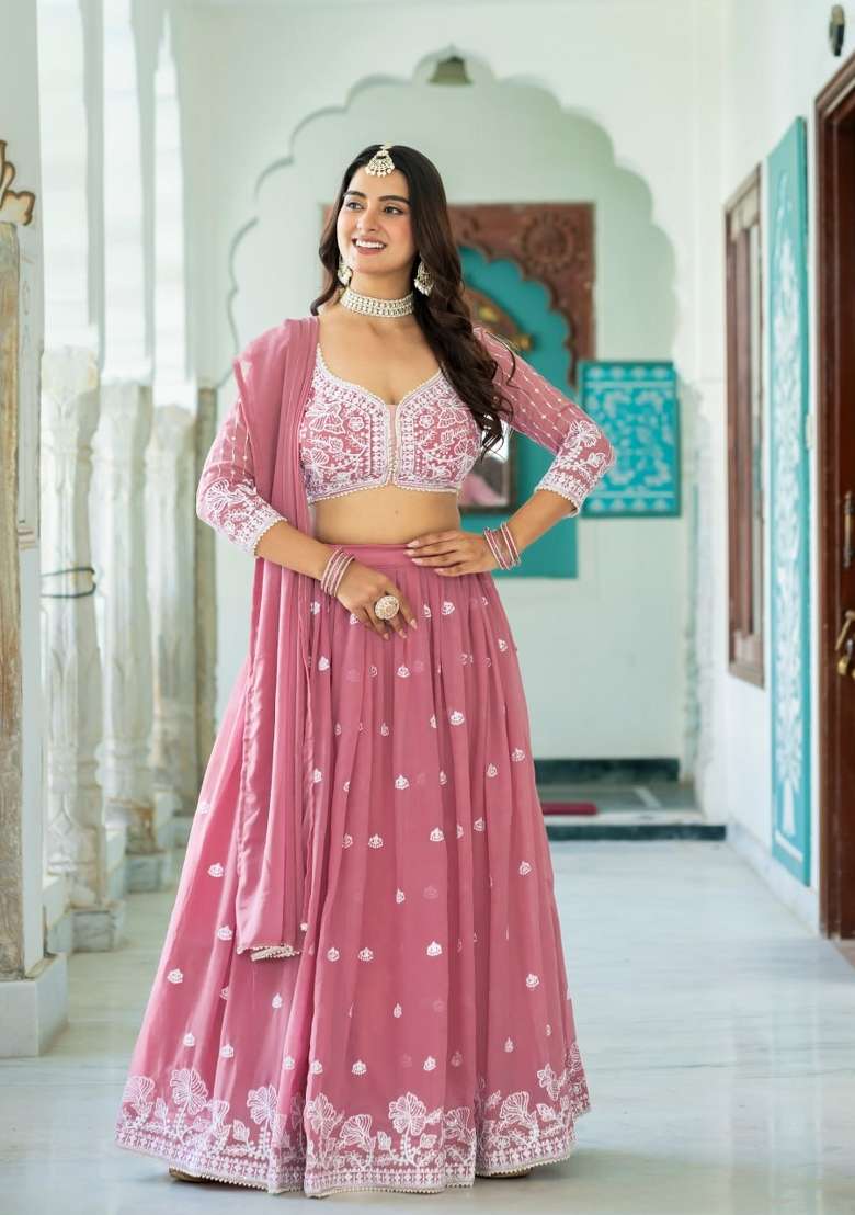 Pink Embroidery Silk Lehenga Set for Diwali and Festive Wear - Indya
