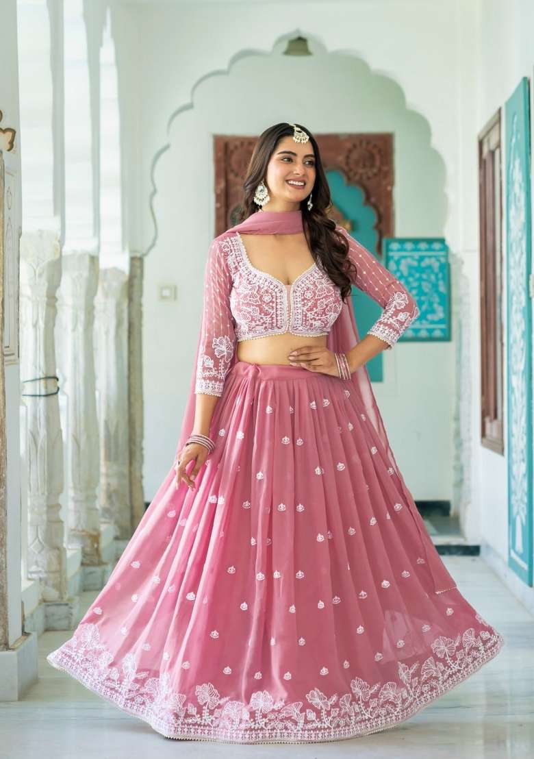 Pink Embroidery Silk Lehenga Set for Diwali and Festive Wear - Indya