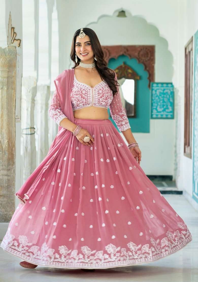 Pink Embroidery Silk Lehenga Set for Diwali and Festive Wear - Indya