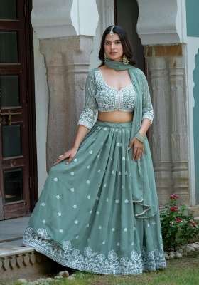 Sea Green Embroidery Silk Lehenga Set for Diwali and Festive Wear