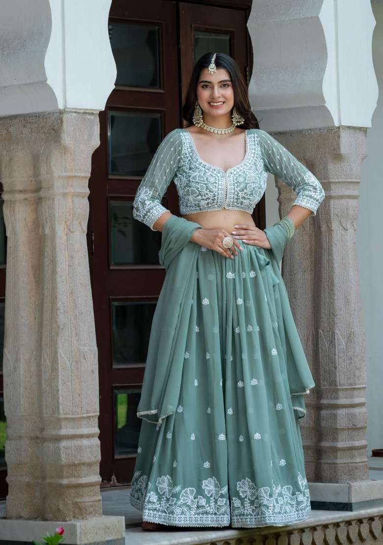 Sea Green Embroidery Silk Lehenga Set for Diwali and Festive Wear - Indya