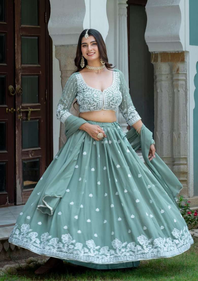 Sea Green Embroidery Silk Lehenga Set for Diwali and Festive Wear - Indya