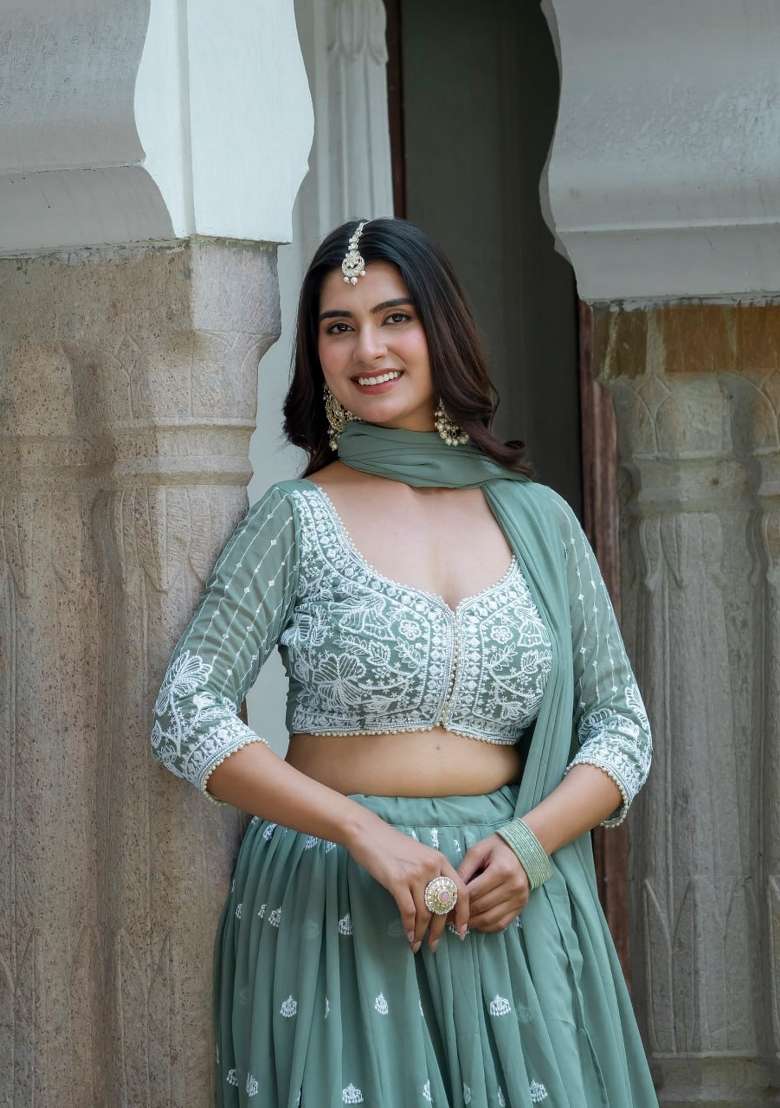 Sea Green Embroidery Silk Lehenga Set for Diwali and Festive Wear - Indya