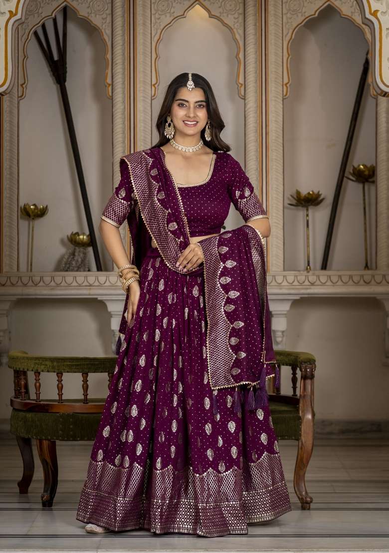Wine Embroidery Silk Lehenga Set for Diwali and Festive Wear - Indya