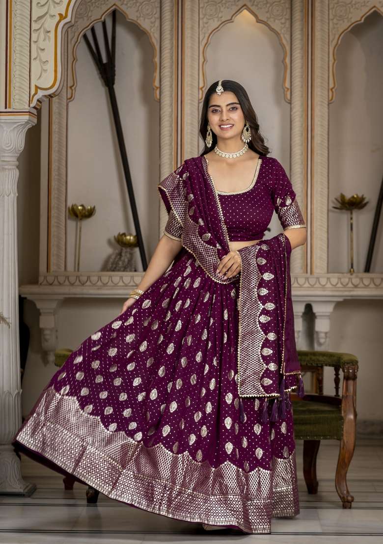Wine Embroidery Silk Lehenga Set for Diwali and Festive Wear - Indya