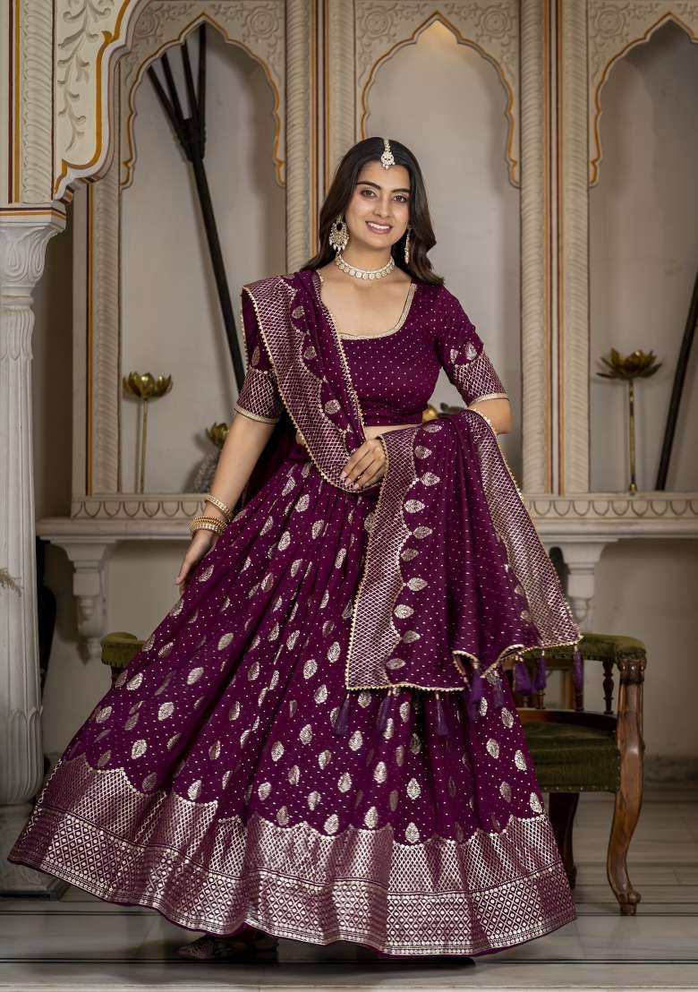Wine Embroidery Silk Lehenga Set for Diwali and Festive Wear - Indya