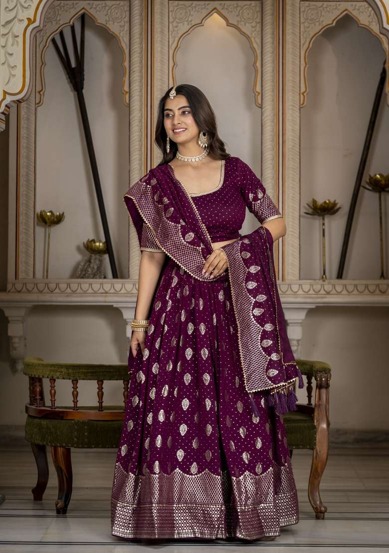 Wine Embroidery Silk Lehenga Set for Diwali and Festive Wear - Indya