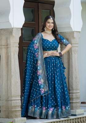 Teal Blue Silk Lehenga Set with Embroidery for Diwali | Wedding & Festive Wear