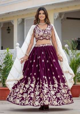 Wine Georgette Lehenga Set with Embroidery for Diwali | Wedding & Festive Wear