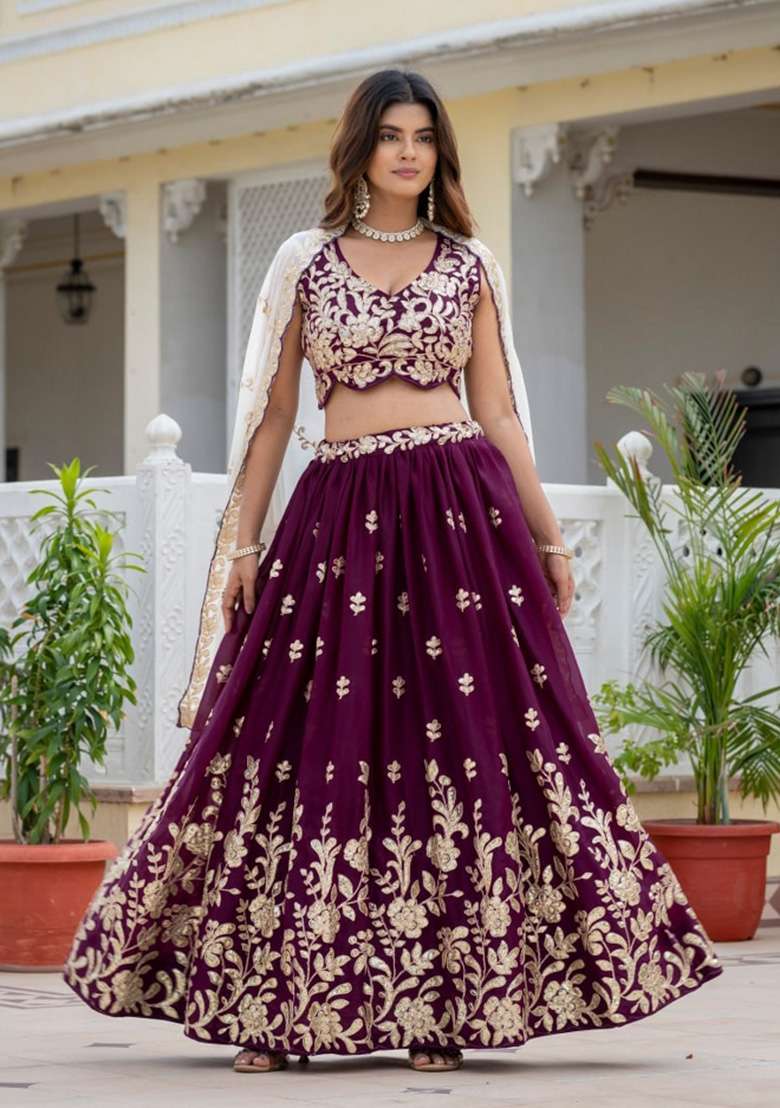 Wine Georgette Lehenga Set with Embroidery for Diwali | Wedding & Festive Wear - Indya