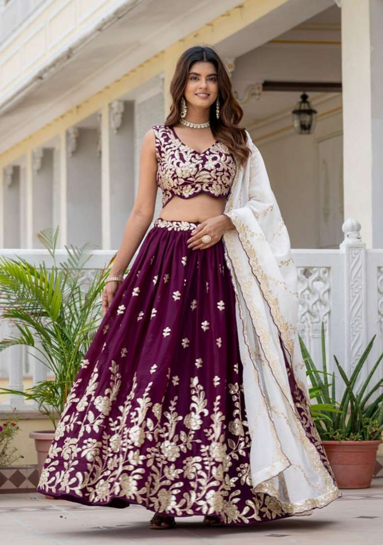 Wine Georgette Lehenga Set with Embroidery for Diwali | Wedding & Festive Wear - Indya