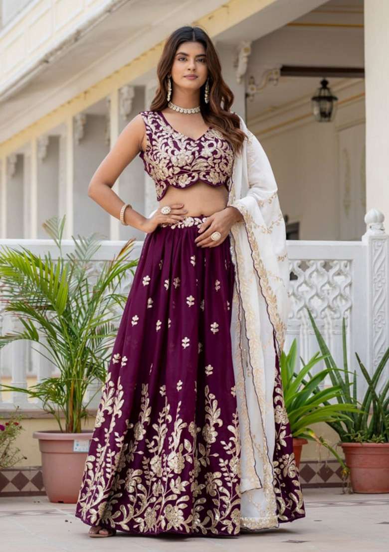 Wine Georgette Lehenga Set with Embroidery for Diwali | Wedding & Festive Wear - Indya