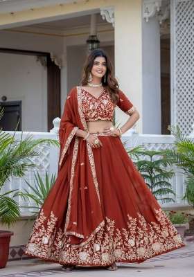 Rust Embroidery Silk Lehenga Set for Diwali and Festive Wear