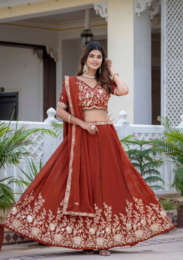 Rust Embroidery Silk Lehenga Set for Diwali and Festive Wear - Indya