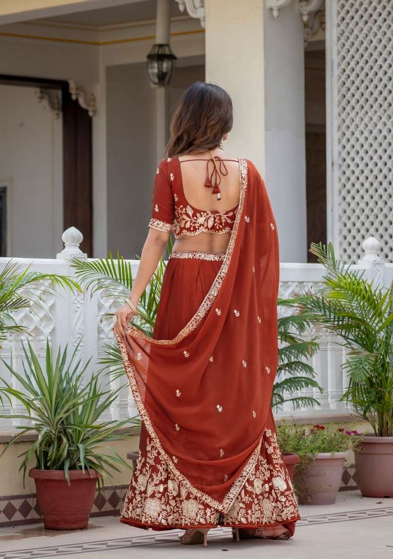 Rust Embroidery Silk Lehenga Set for Diwali and Festive Wear - Indya