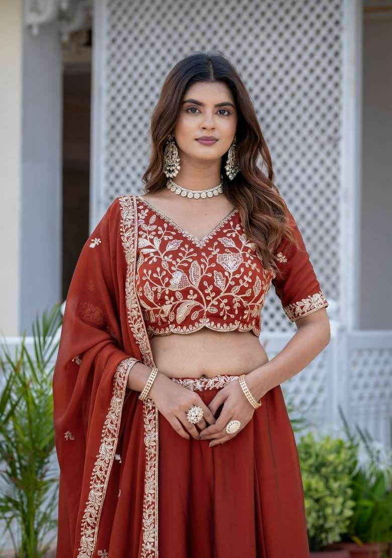 Rust Embroidery Silk Lehenga Set for Diwali and Festive Wear - Indya
