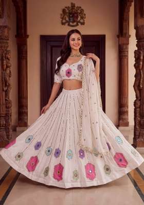 White Rayon Lehenga Set with Embroidery for Diwali | Wedding & Festive Wear