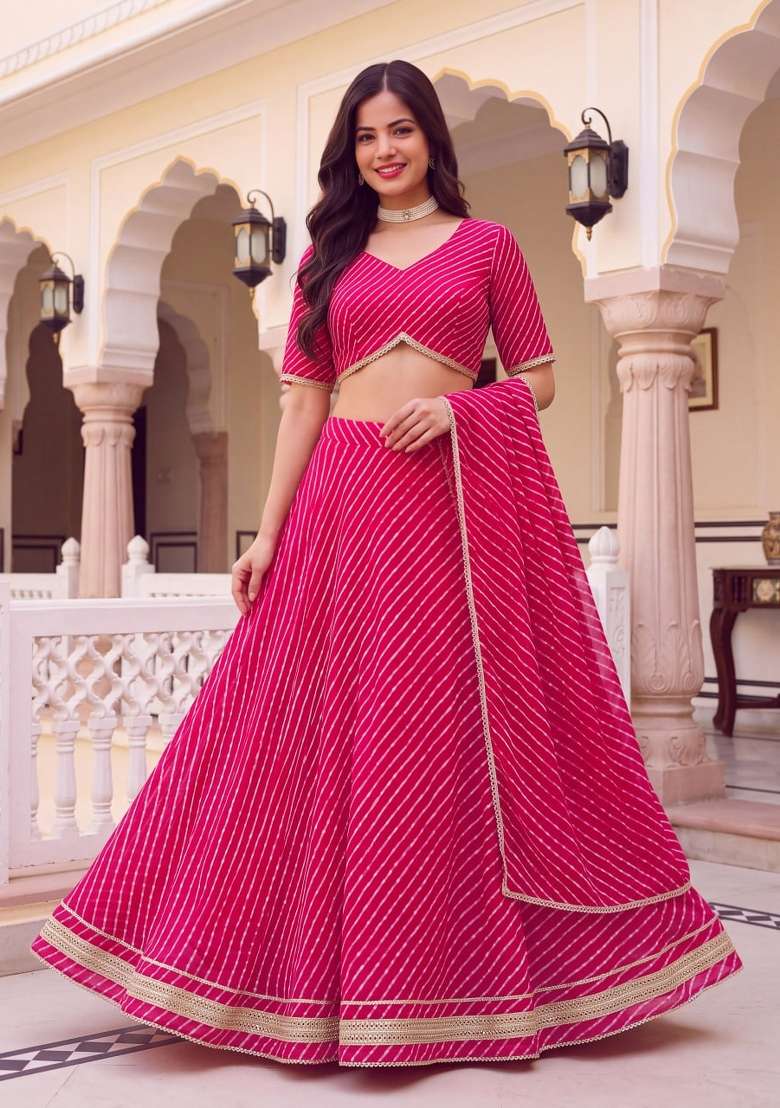 Rani Pink Embroidery Georgette Lehenga Set for Diwali and Festive Wear - Indya
