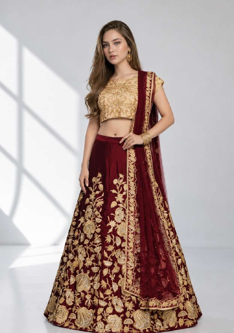 Maroon Velvet Lehenga Set with Embroidery for Diwali | Wedding & Festive Wear - Indya