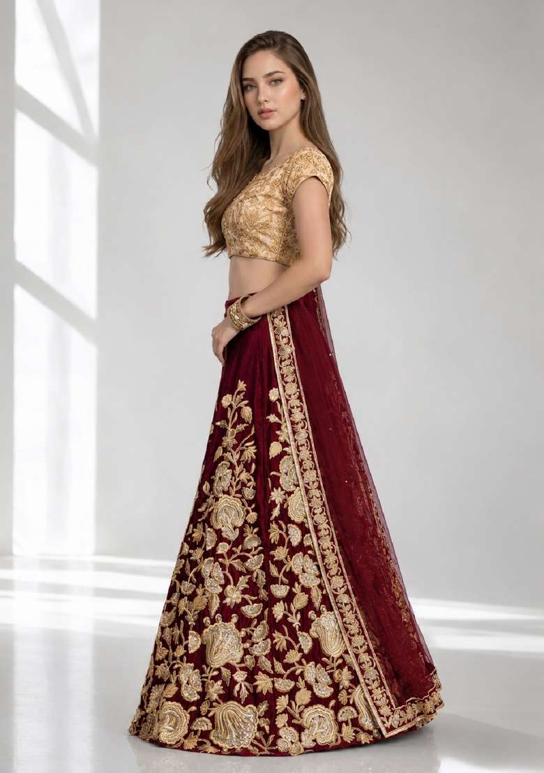 Maroon Velvet Lehenga Set with Embroidery for Diwali | Wedding & Festive Wear - Indya