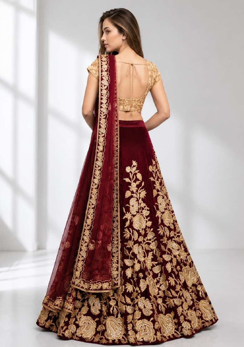 Maroon Velvet Lehenga Set with Embroidery for Diwali | Wedding & Festive Wear - Indya