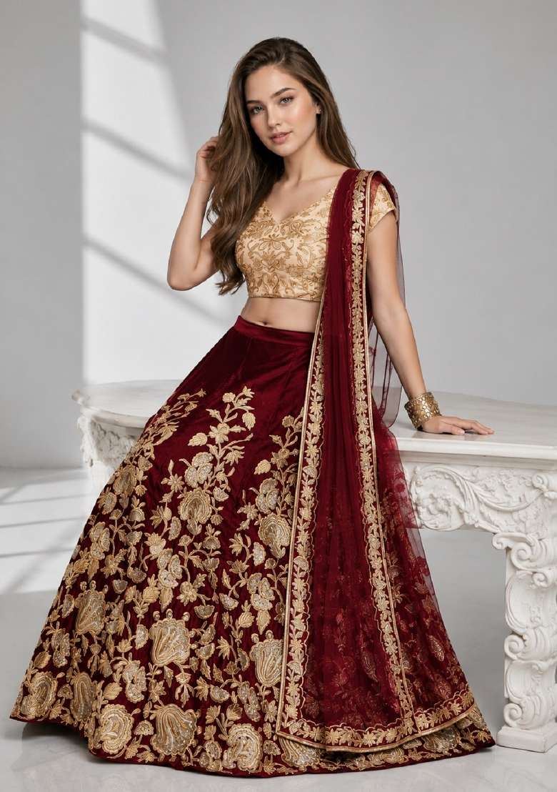 Maroon Velvet Lehenga Set with Embroidery for Diwali | Wedding & Festive Wear - Indya