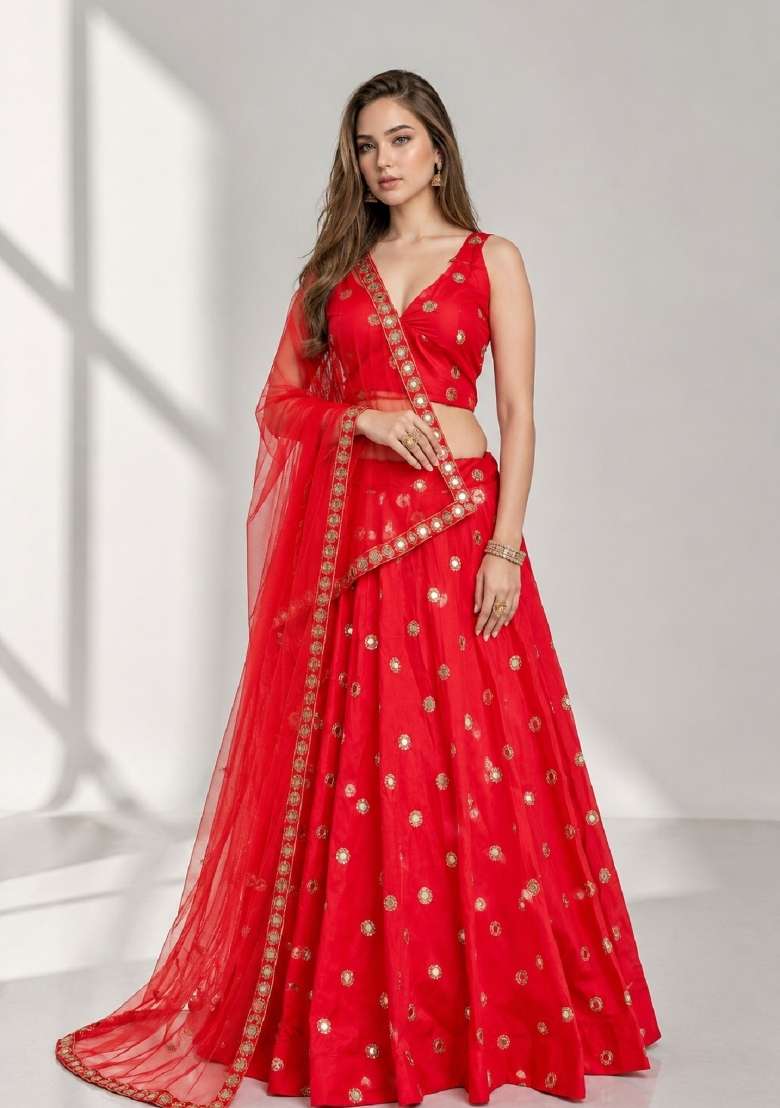 Red Embroidery Silk Lehenga Set for Diwali and Festive Wear - Indya