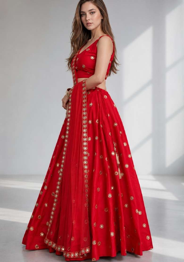 Red Embroidery Silk Lehenga Set for Diwali and Festive Wear - Indya