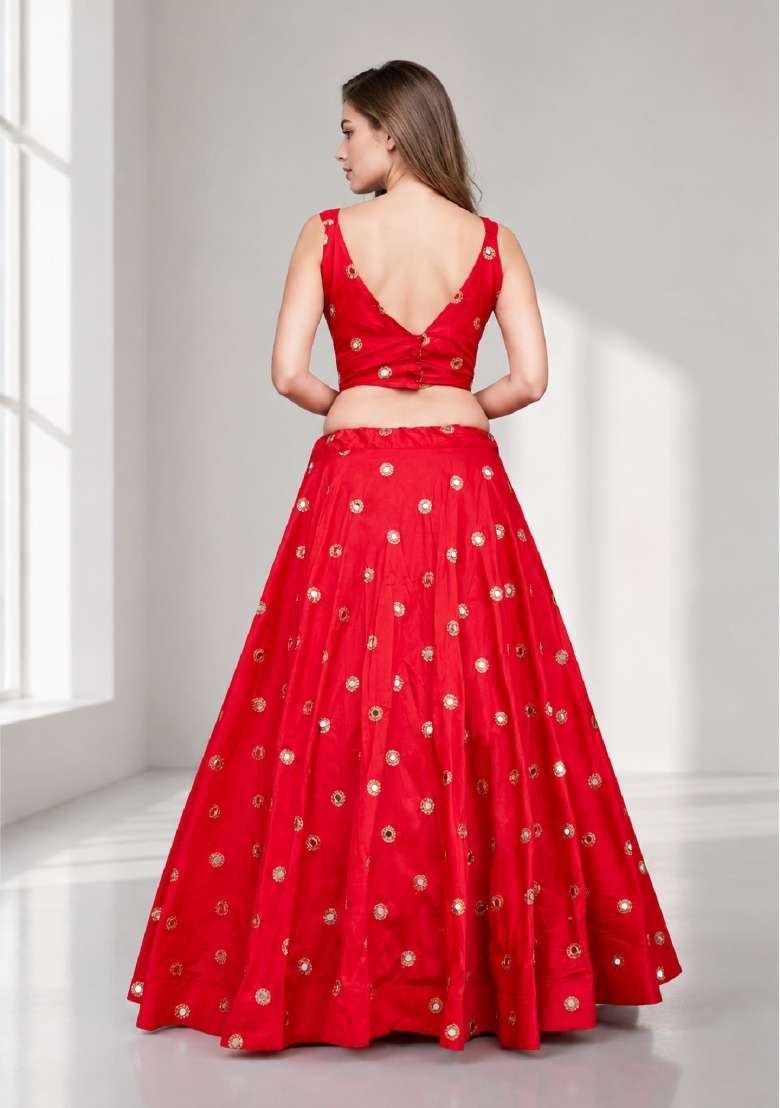 Red Embroidery Silk Lehenga Set for Diwali and Festive Wear - Indya