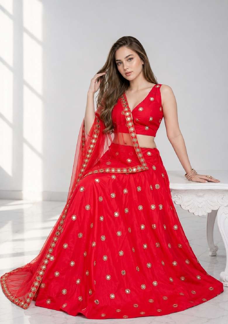 Red Embroidery Silk Lehenga Set for Diwali and Festive Wear - Indya