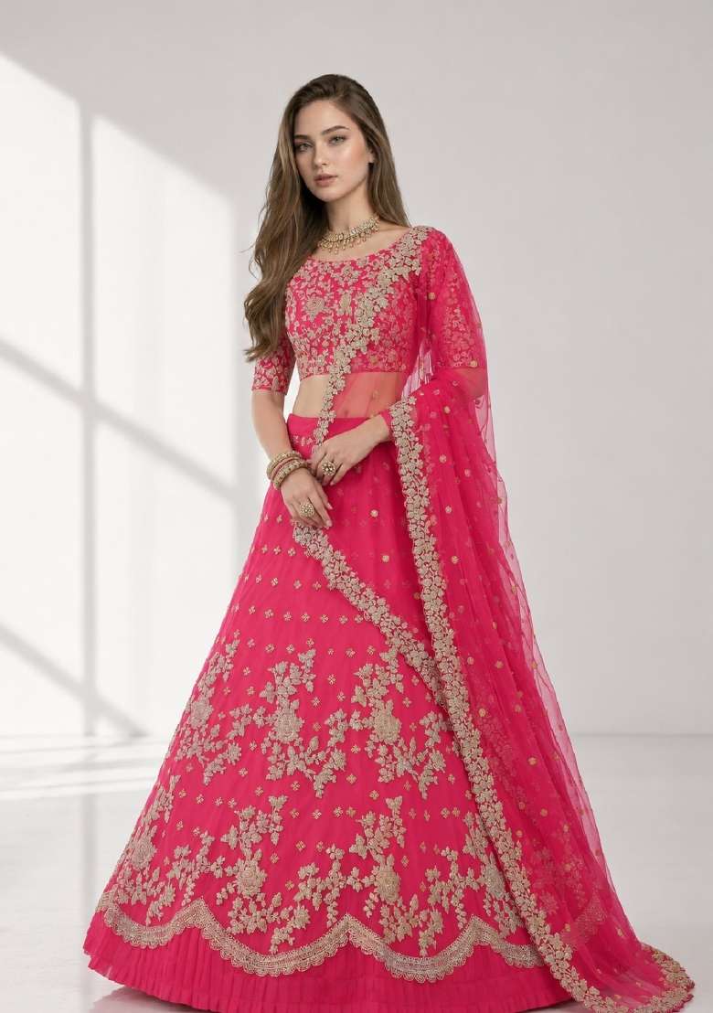 Pink Embroidery Net Lehenga Set - Indya