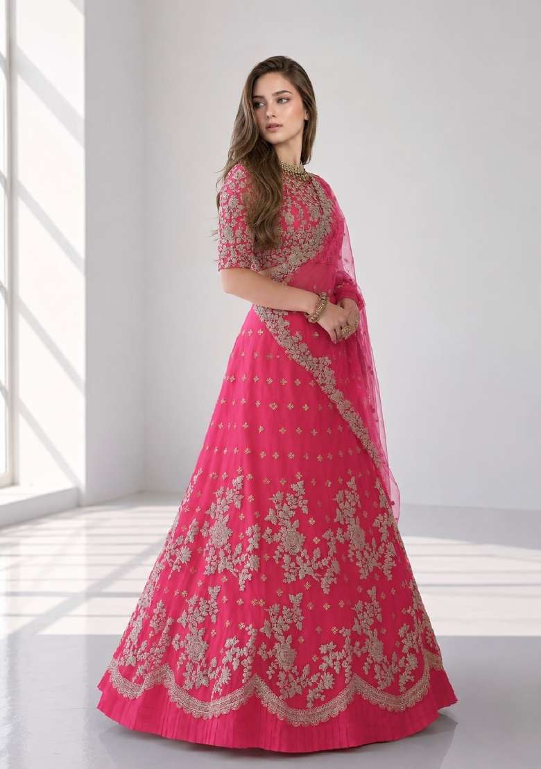 Pink Embroidery Net Lehenga Set - Indya