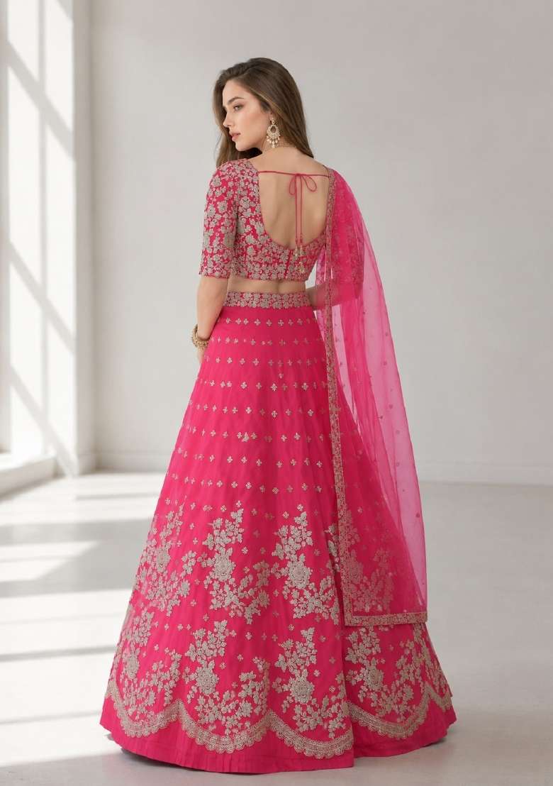 Pink Embroidery Net Lehenga Set - Indya