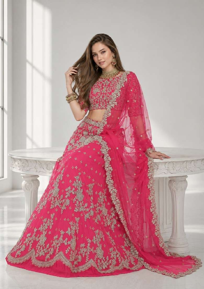 Pink Embroidery Net Lehenga Set - Indya