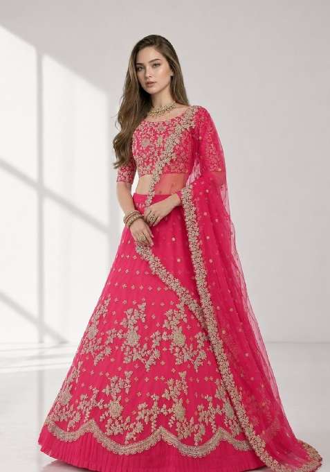 Pink Embroidery Net Lehenga Set