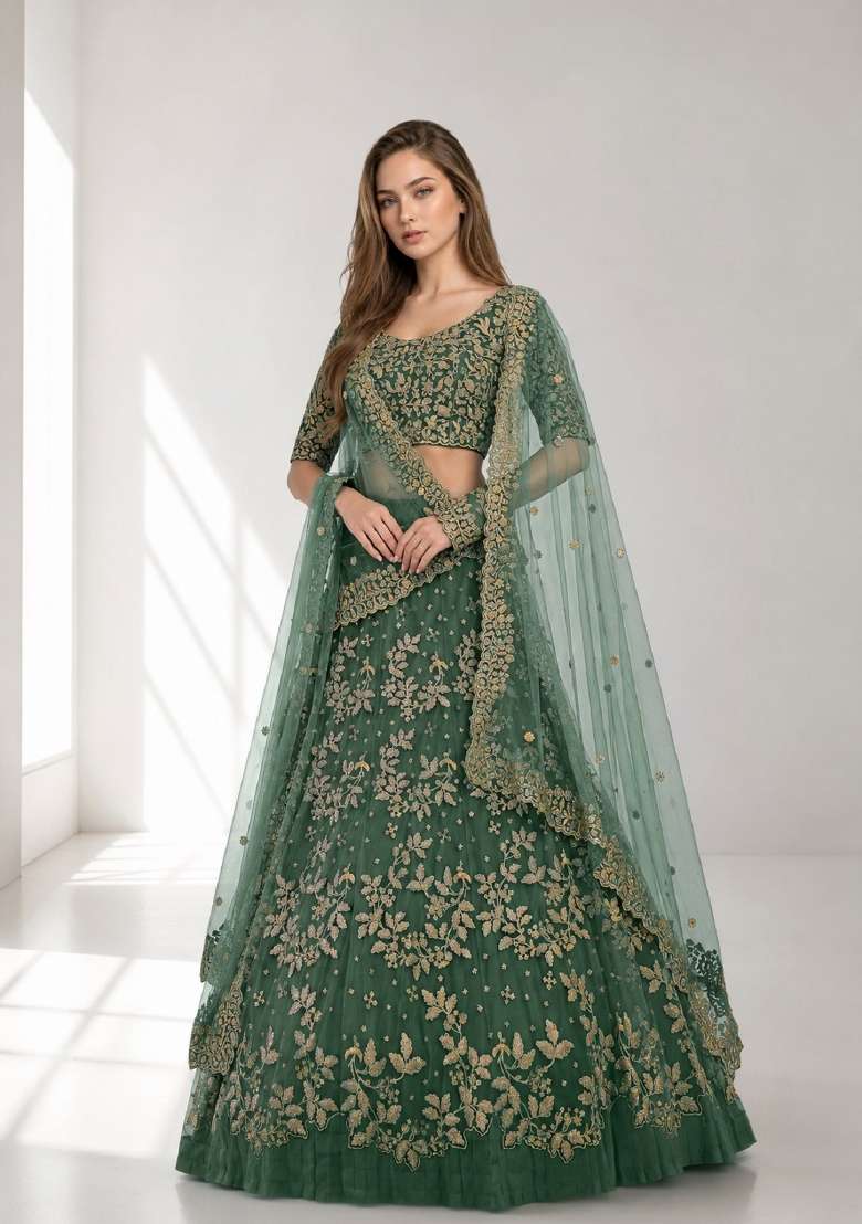 Light Green Embroidery Net Lehenga Set - Indya