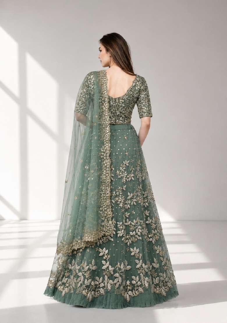 Light Green Embroidery Net Lehenga Set - Indya