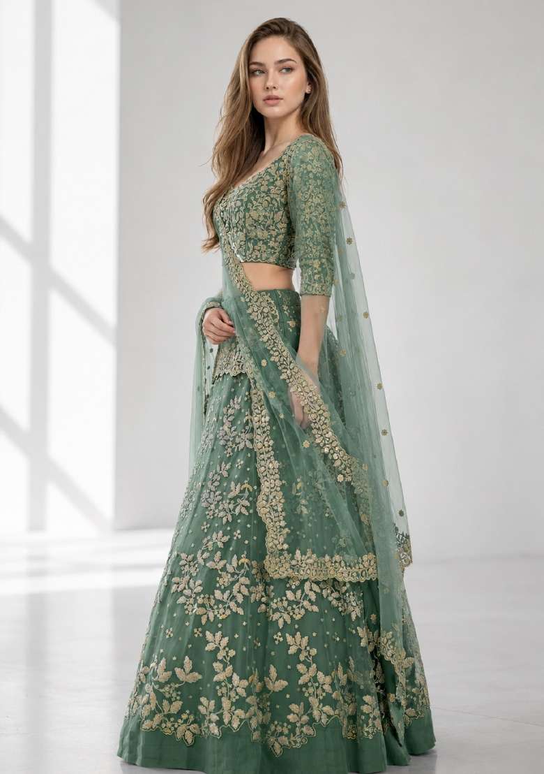 Light Green Embroidery Net Lehenga Set - Indya