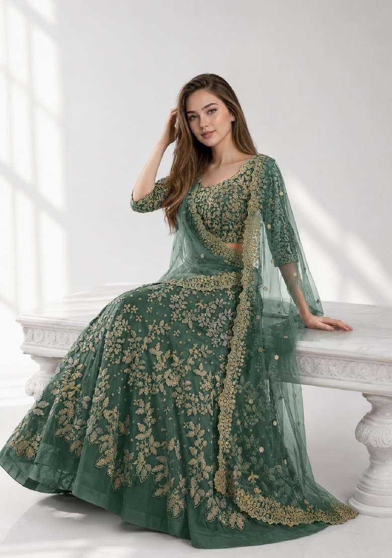 Light Green Embroidery Net Lehenga Set - Indya