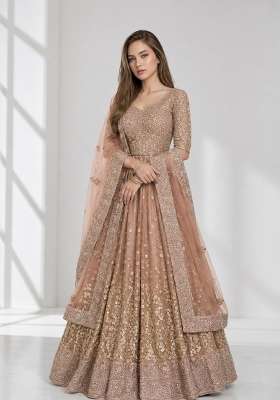 Brown Embroidery Net Lehenga Set
