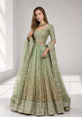 Green Embroidery Net Lehenga Set