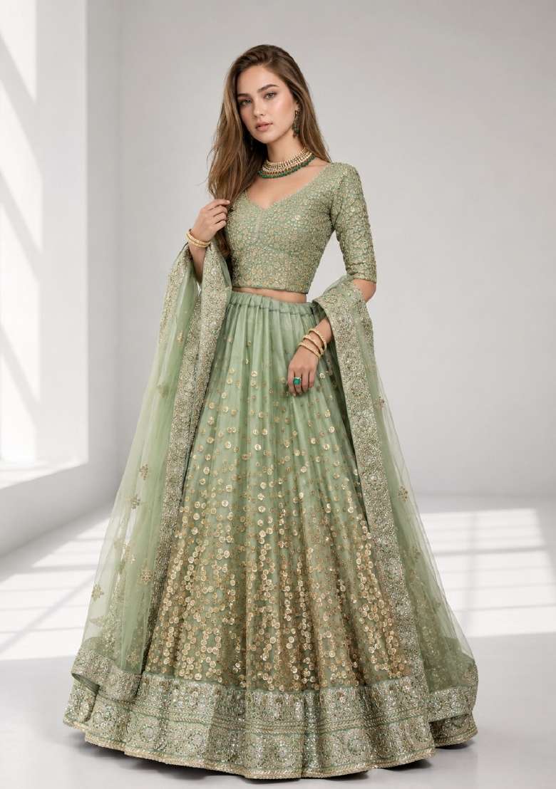 Green Embroidery Net Lehenga Set - Indya