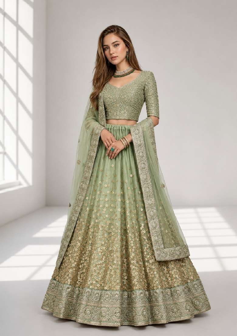 Green Embroidery Net Lehenga Set - Indya