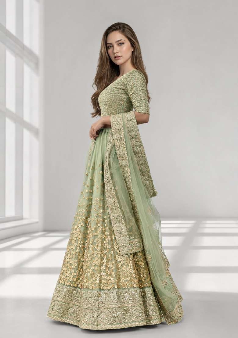 Green Embroidery Net Lehenga Set - Indya