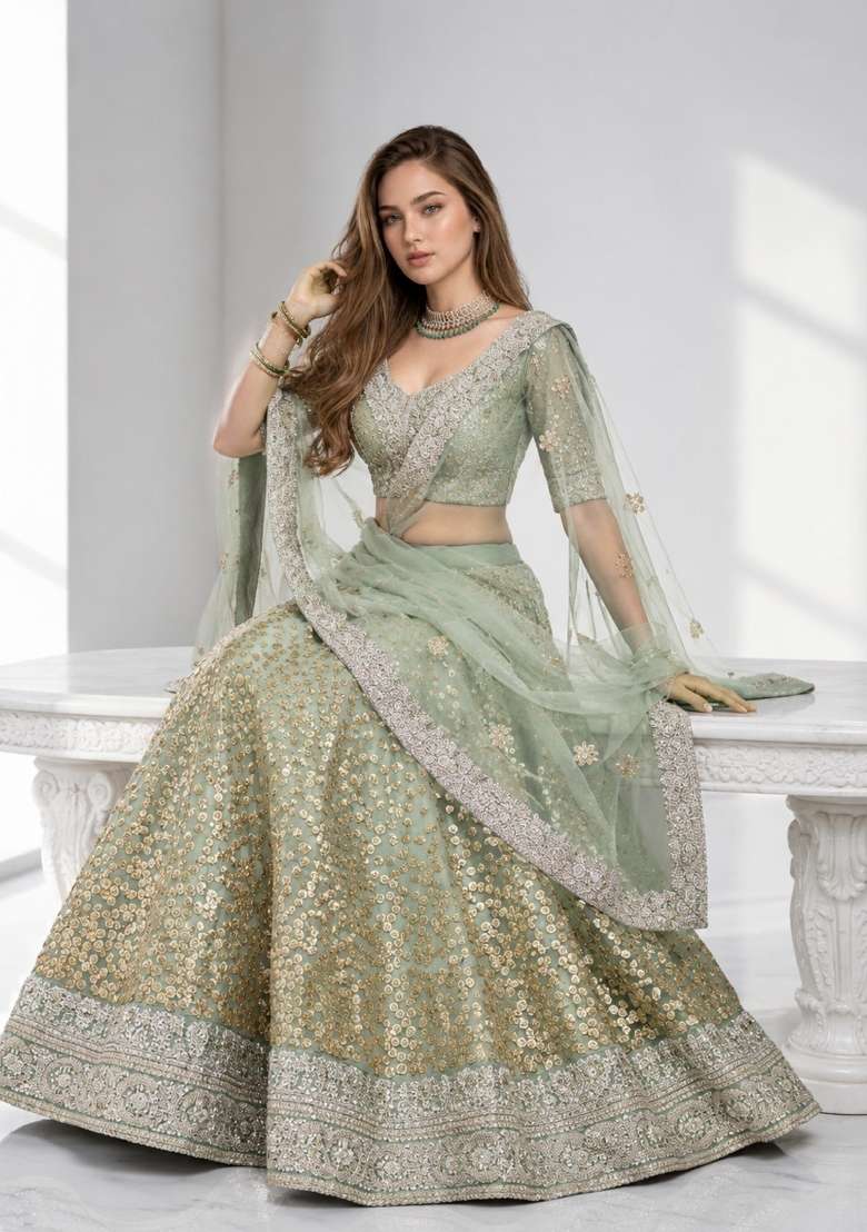 Green Embroidery Net Lehenga Set - Indya