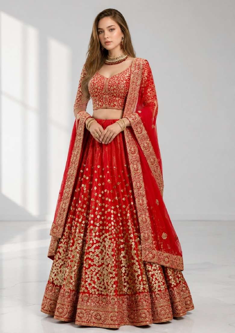 Red Embroidery Net Lehenga Set - Indya