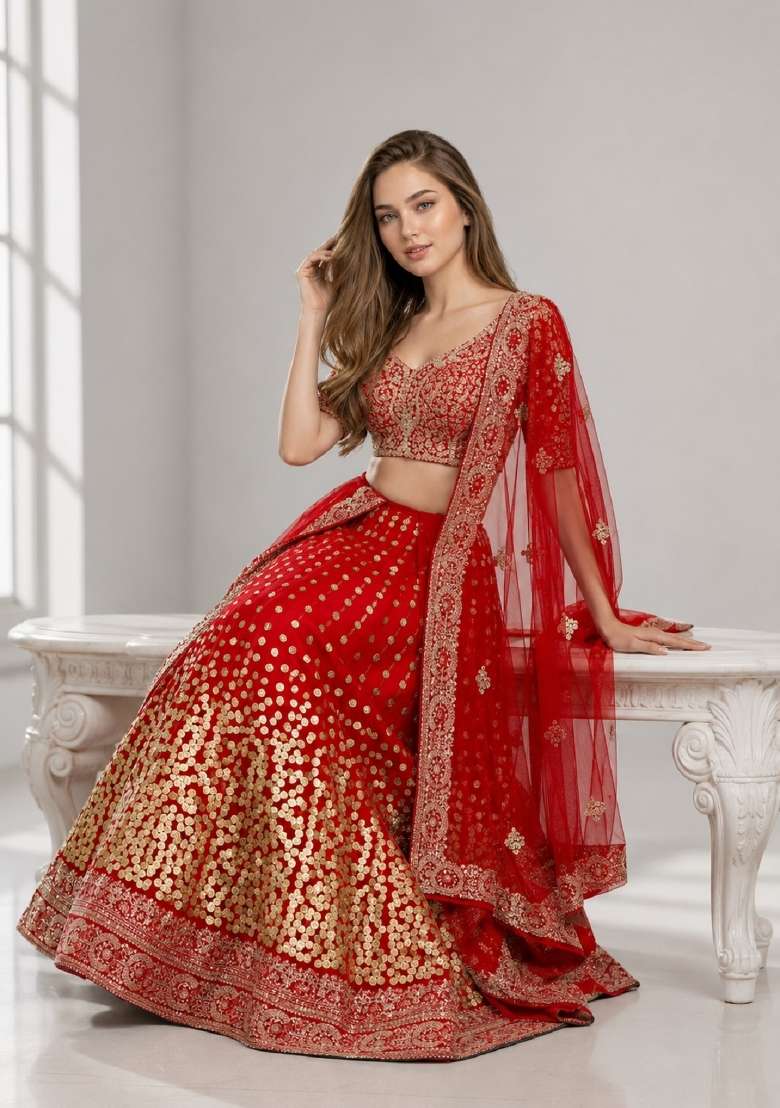 Red Embroidery Net Lehenga Set - Indya