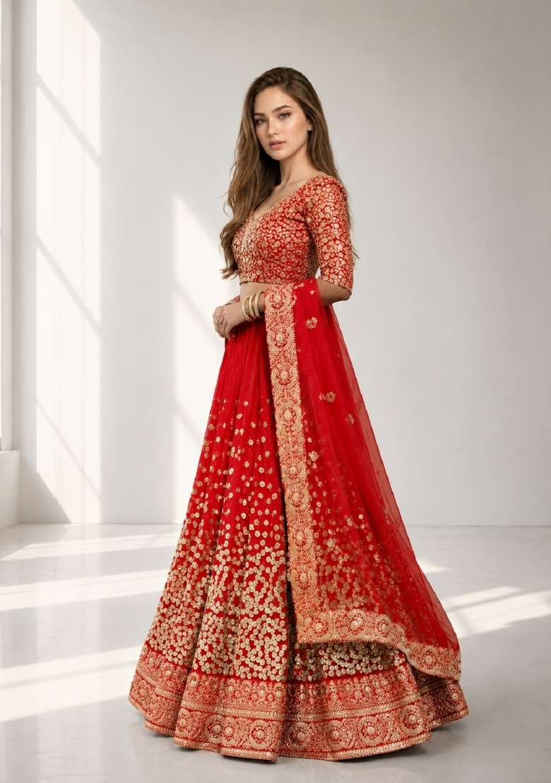 Red Embroidery Net Lehenga Set - Indya